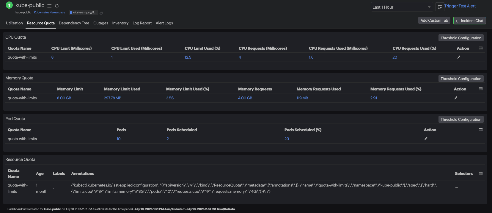 Cost optimization with resource quota monitoring
