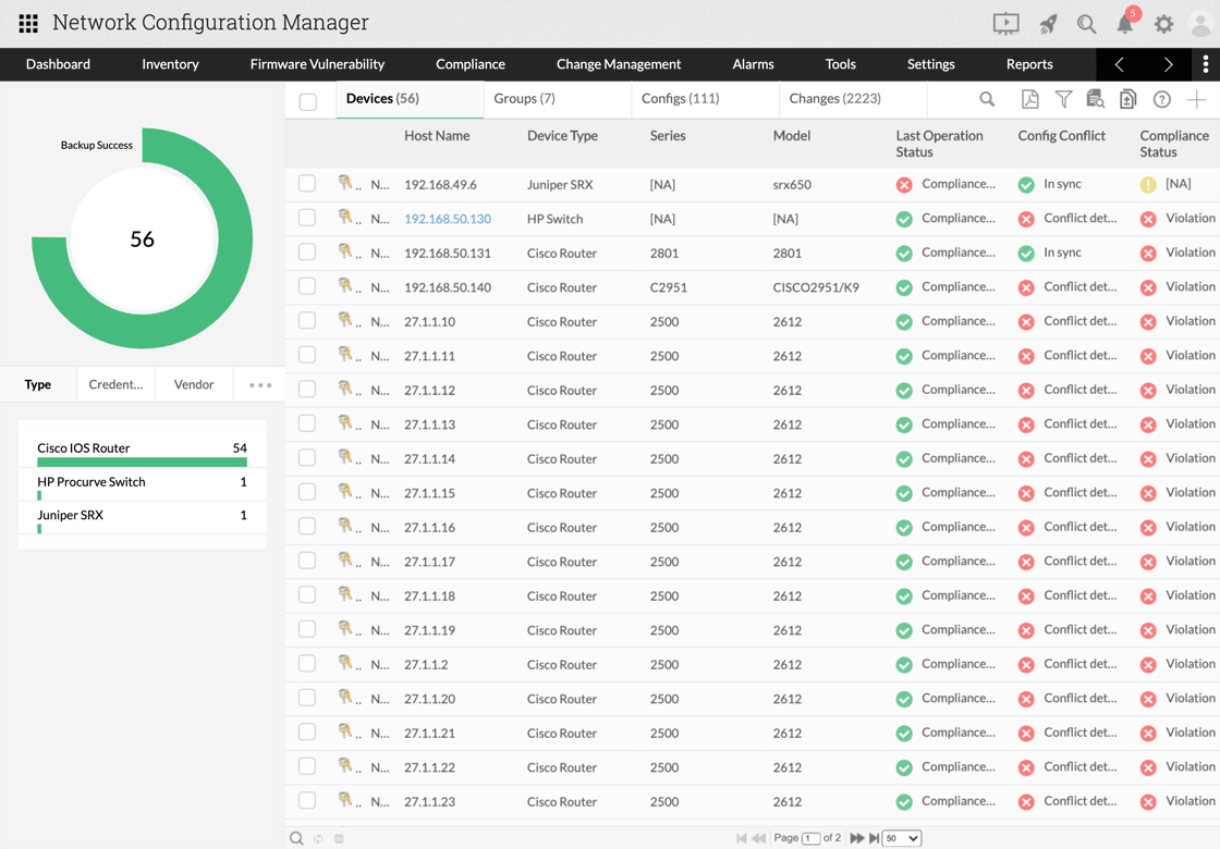 Network Configuration Manager product screen showing device configurations changes and conflicts