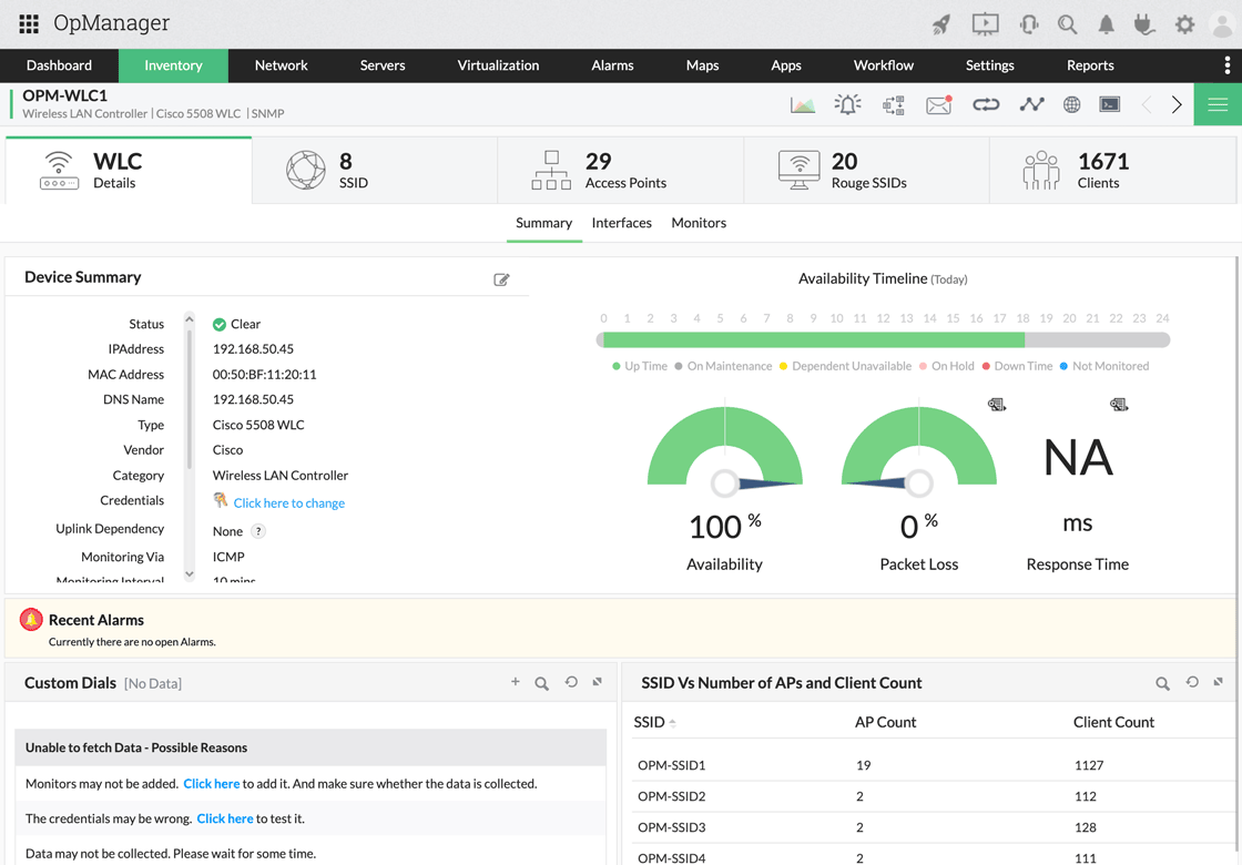 OpManager product screen displaying network device statistics