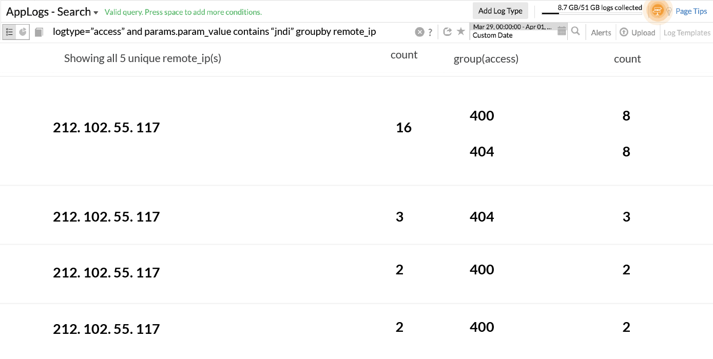 List of remote IPs using Site24x7 AppLogs