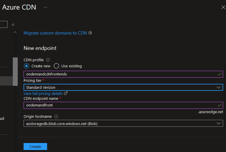 Azure CDN configuration for storage account integration