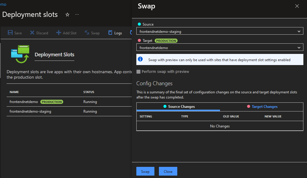 swap of deployment slots from development to production in Azure app service