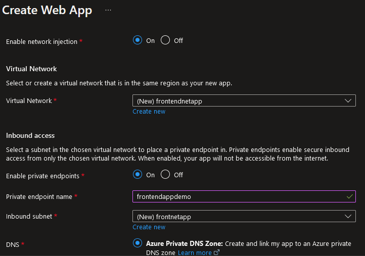 Integrating VNet injection with Azure App Service 