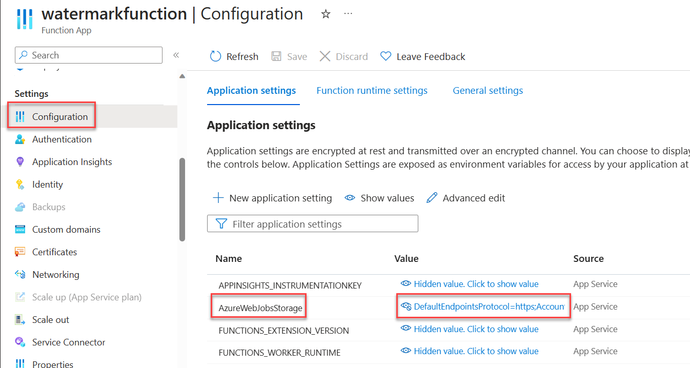 Updating the AzureWebJobsStorage application setting for the Azure Function App