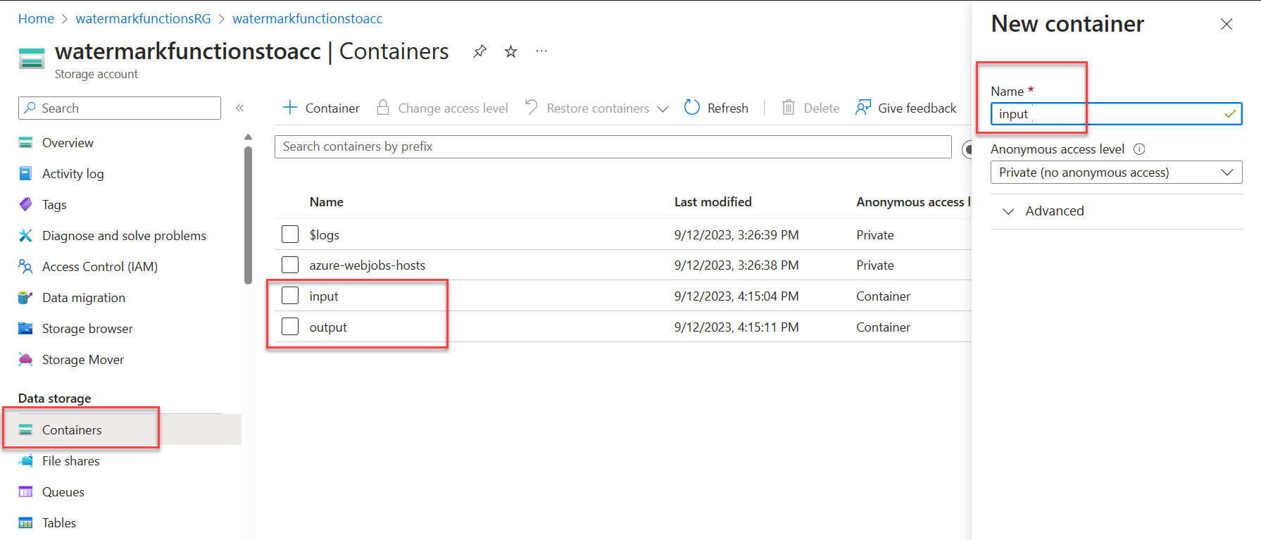 Azure Storage Account view showing the Blob Containers section with input and output containers