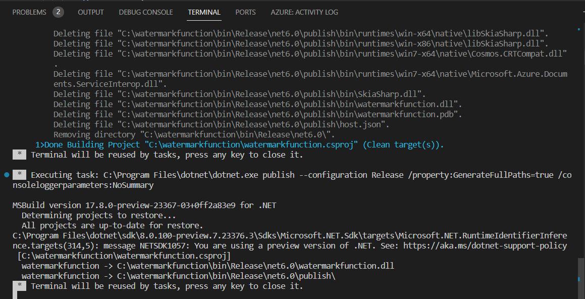 VS Code terminal window showing the output of the actual function code deployment process 