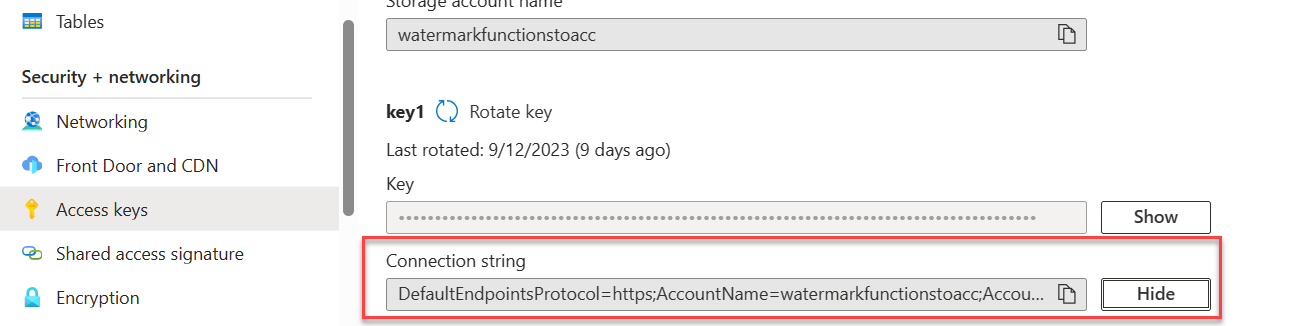 Finding the Connection string under the Storage Account Access Keys section