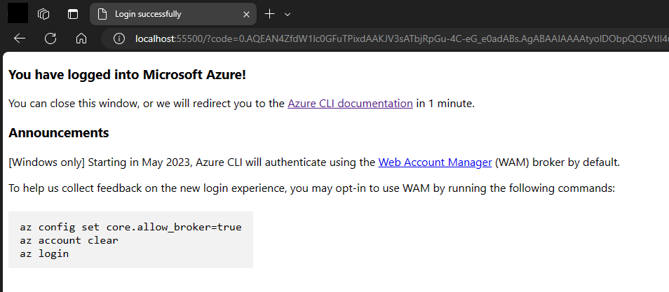 Browser prompt confirming successful login to Azure