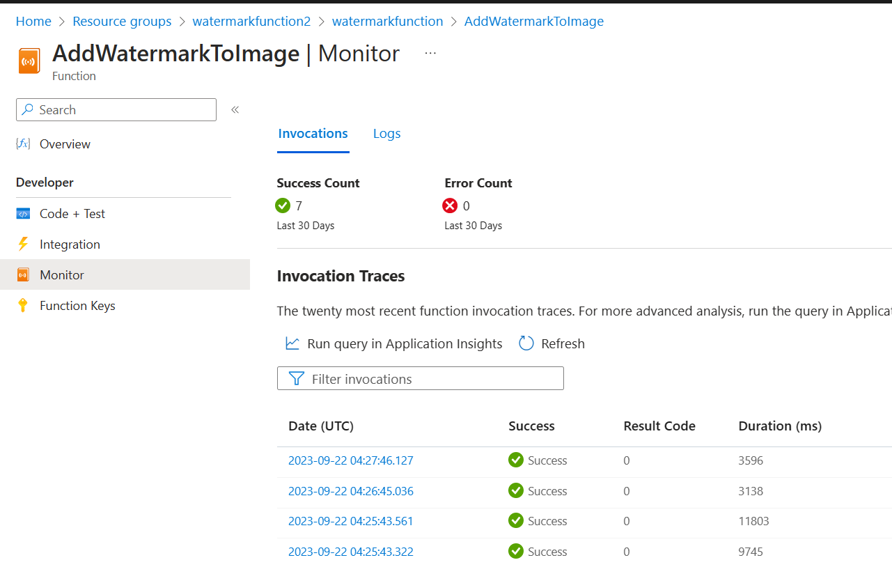 Azure Function Monitor blade showing the status of triggered function calls