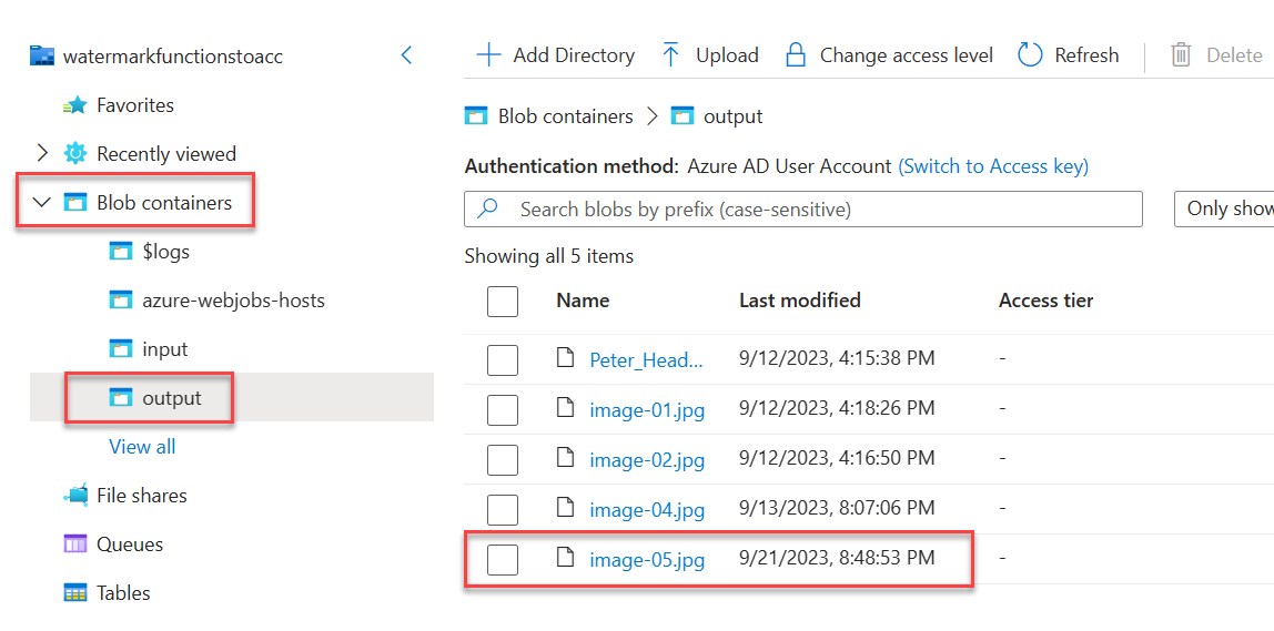 Result view in Azure Storage Account container explorer showing the new image file blob created under the output container location