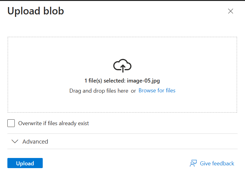 Upload blob confirmation window from the Azure Storage Account Explorer view