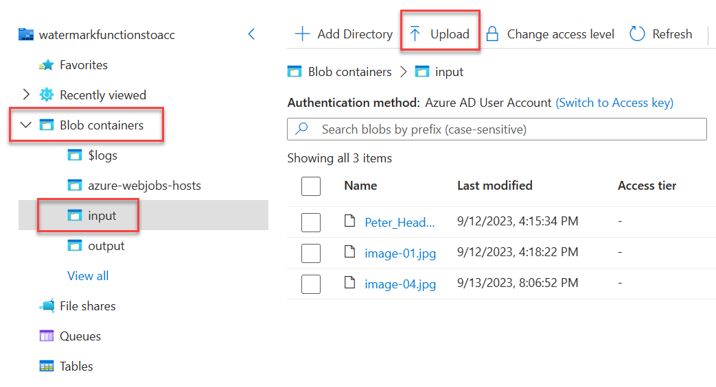 Uploading an image file from the Azure Storage Account Blob container explorer view
