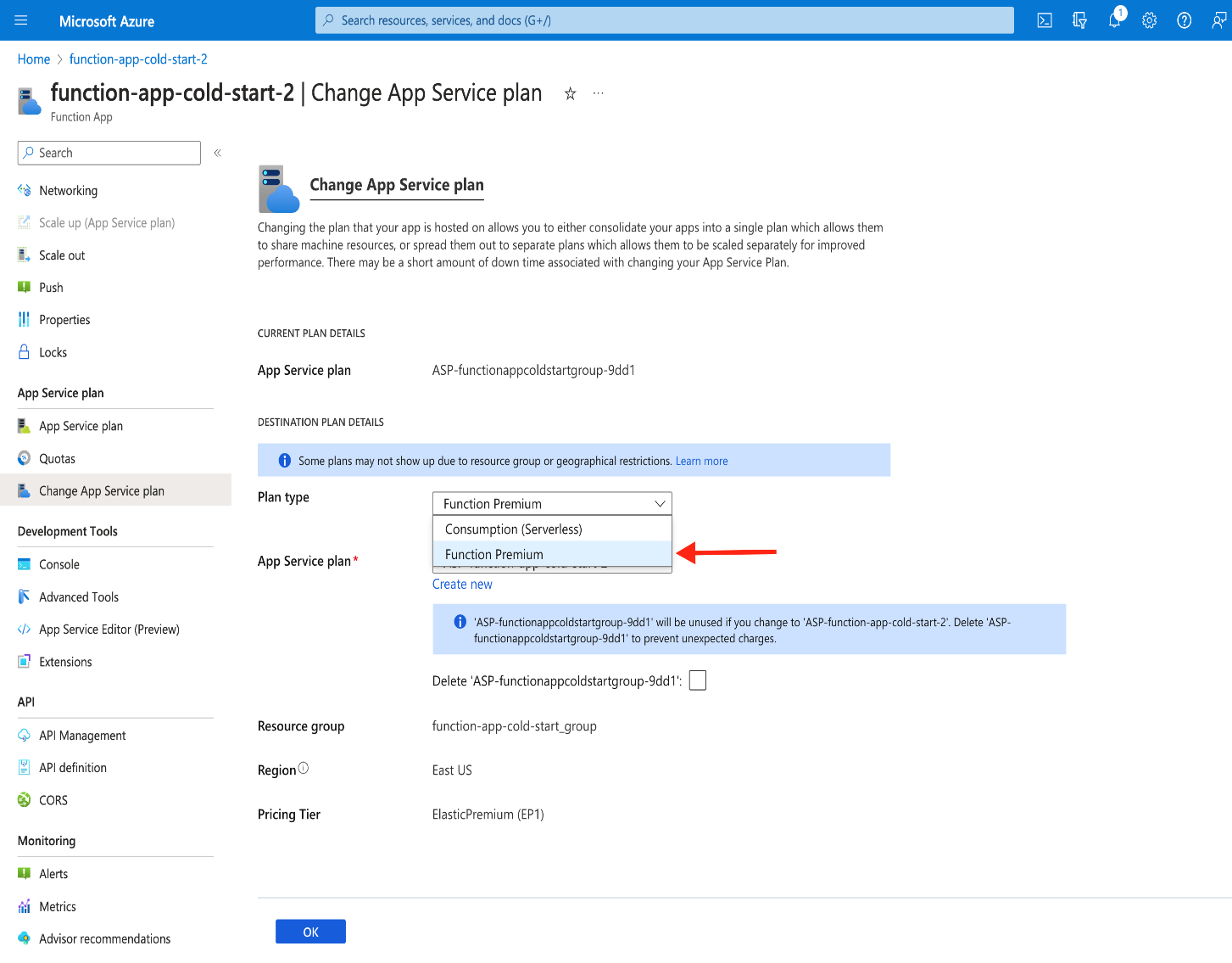 Changing the app service plan