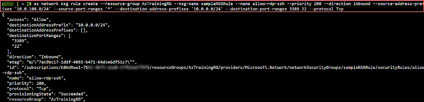 Output of the Azure CLI command setting your NSG rule policy