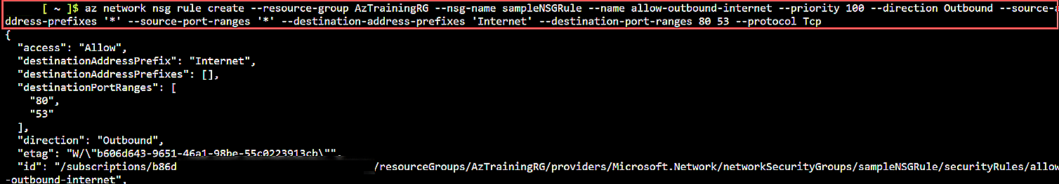 Output of the command specifying the outbound NSG rule