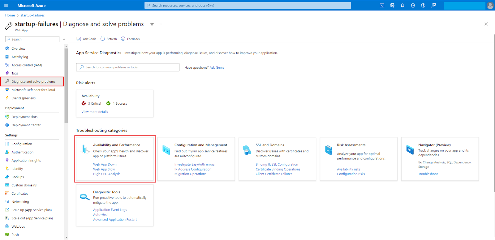 Azure Portal displaying the App Service Diagnostics blade