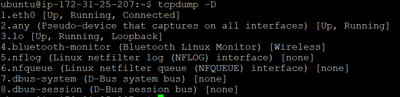 Fig. 1: Showing available interfaces using tcpdump