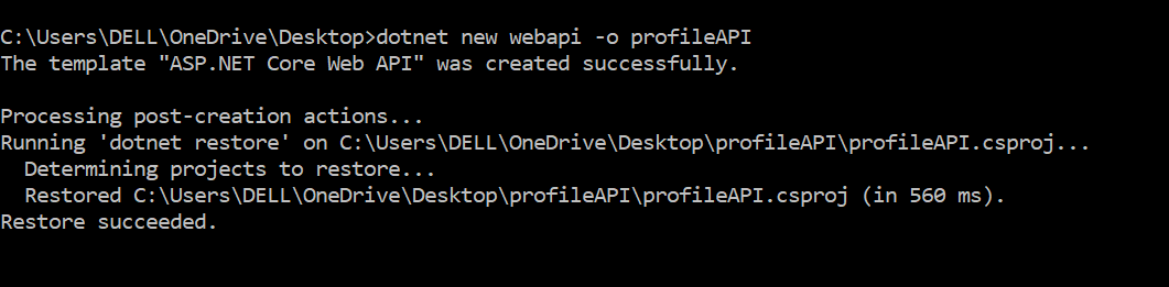 The output of the dotnet new webapi -o profileAPI command.