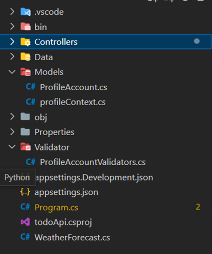 The Validator directory, which contains the ProfileAccountValidators.cs file.  