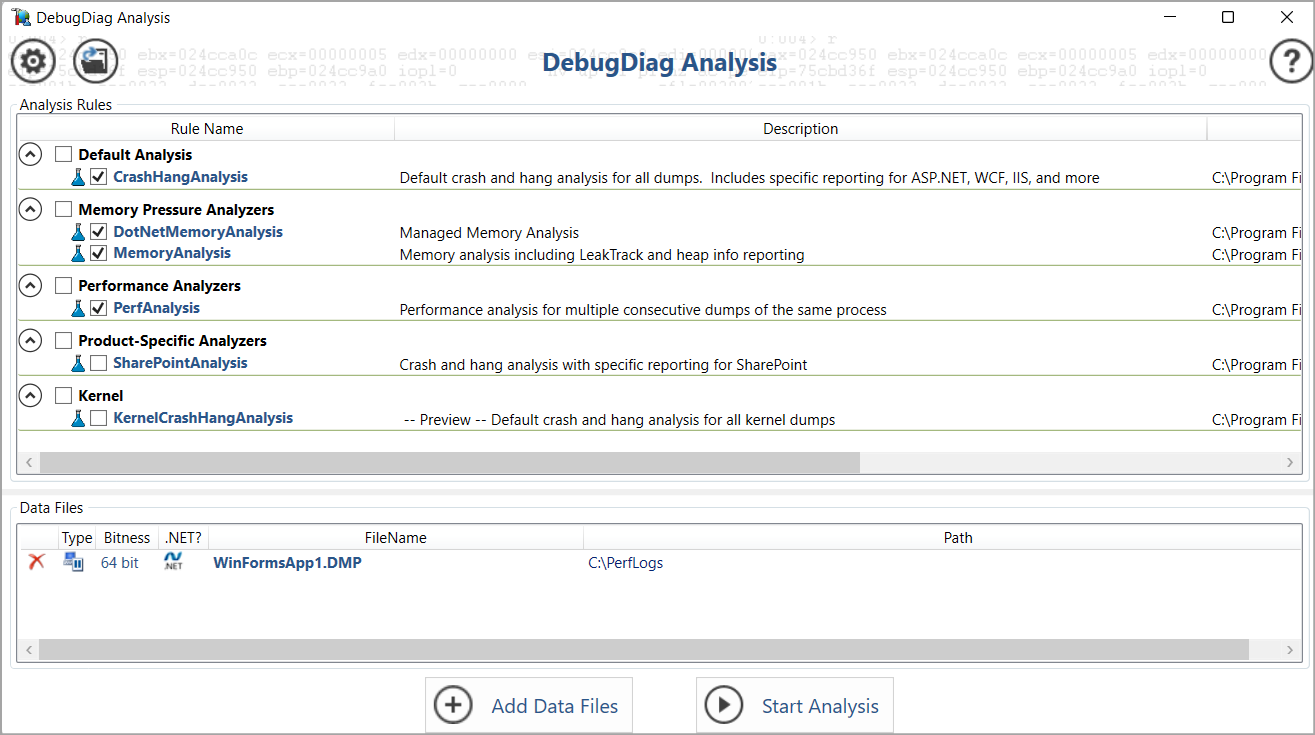 DebugDiag Analysis settings