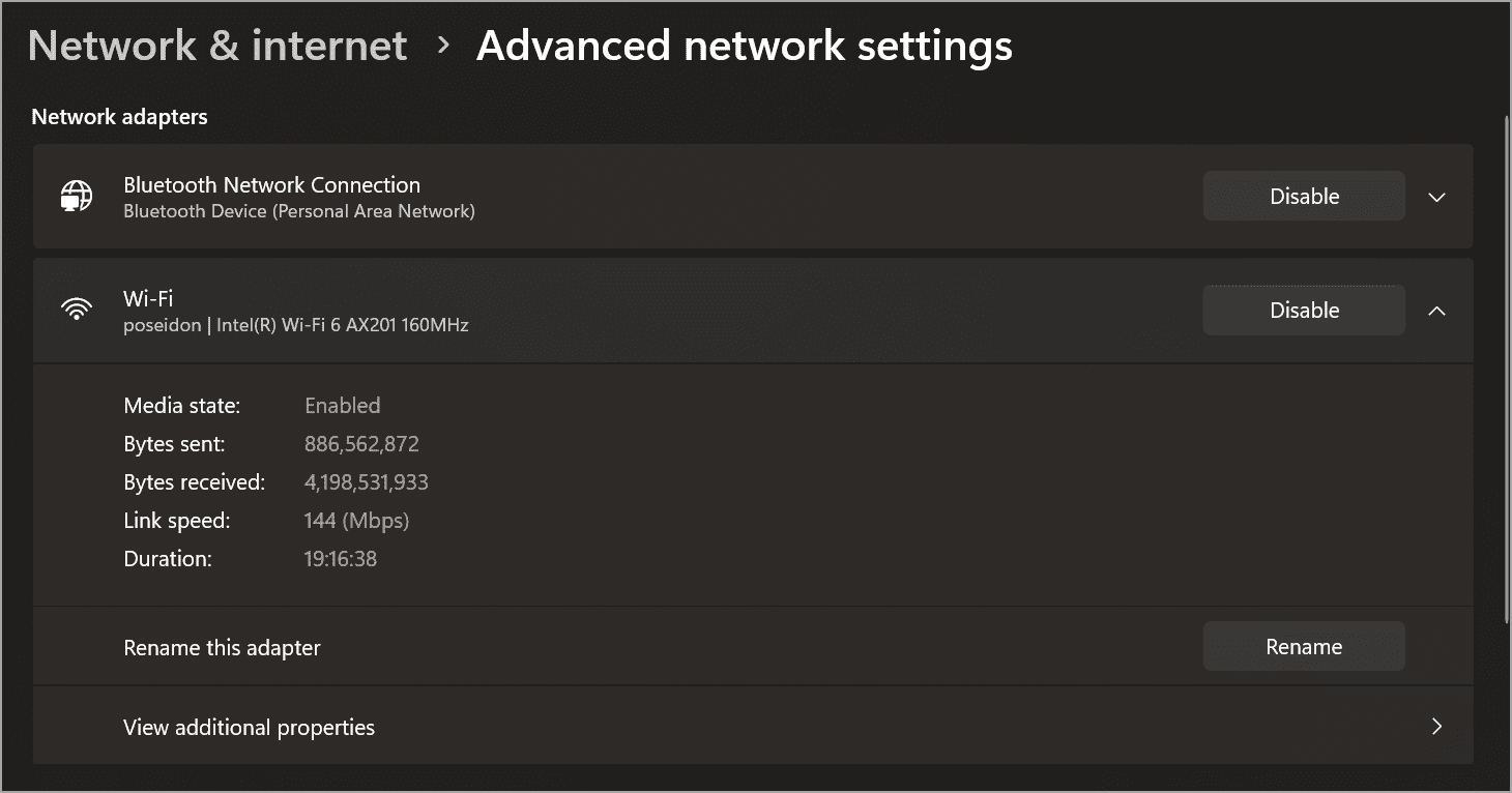 Advanced network settings, including Bluetooth Network Connection and Wi-Fi