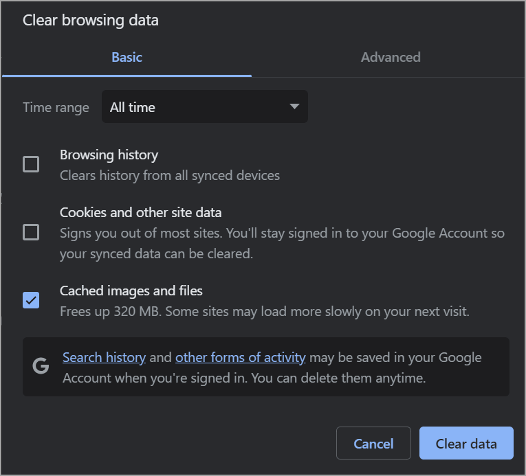 Clear browsing data options