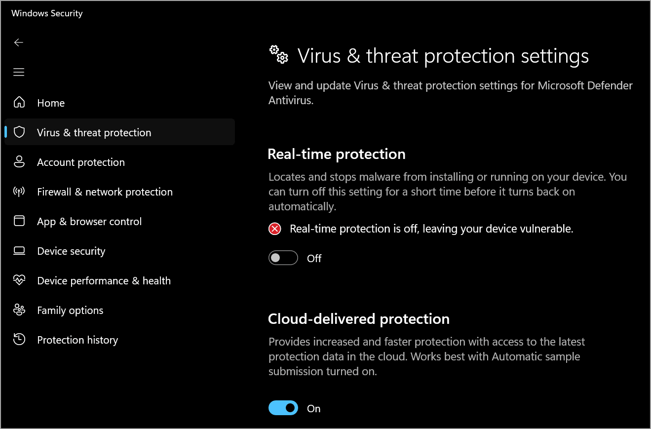 Virus and threat protection settings, including real-time protection and cloud-delivered protection