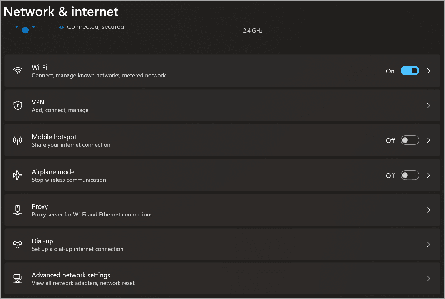 Network and internet settings