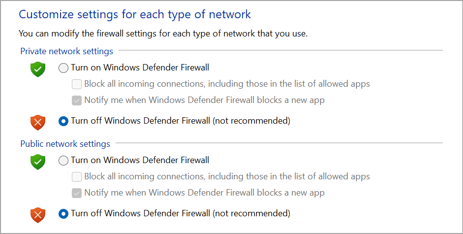 Options to customize private and public network settings