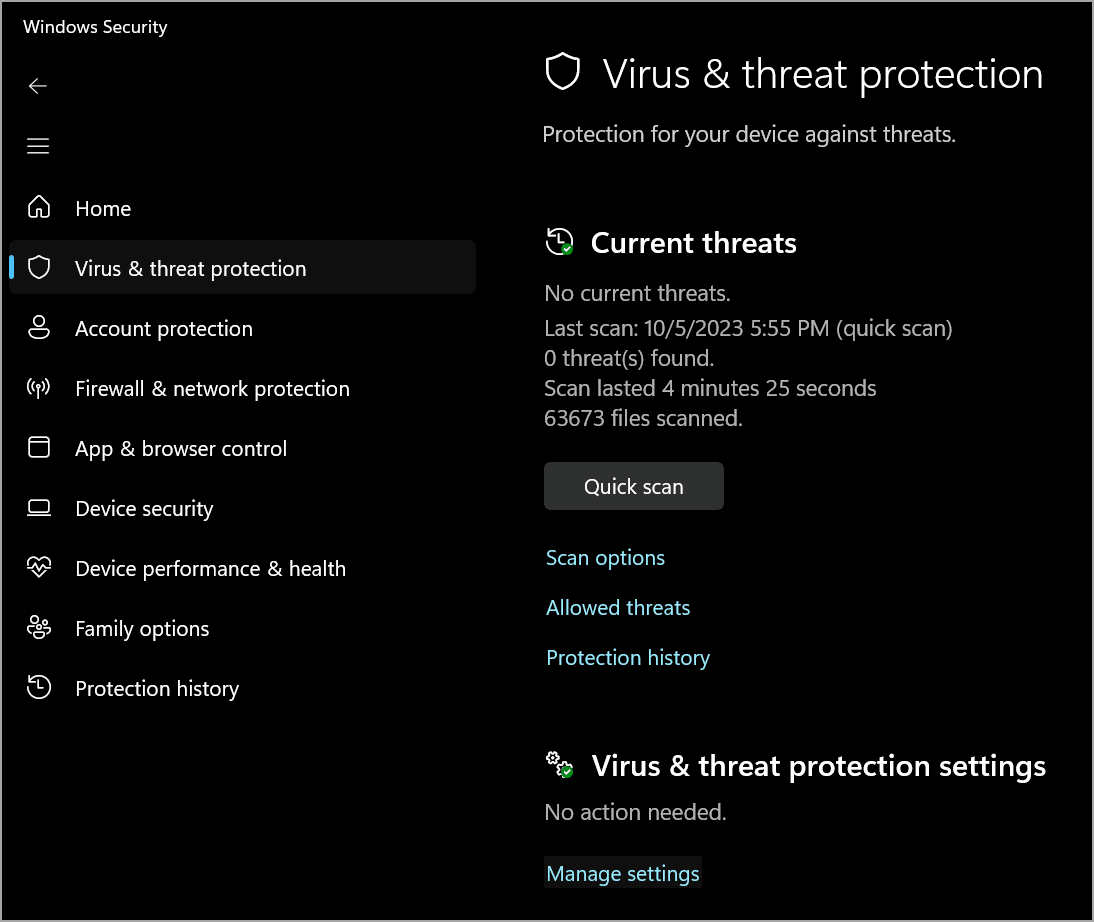 Virus and threat protection options, including current threats and settings