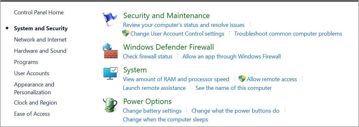 Windows System and Security options