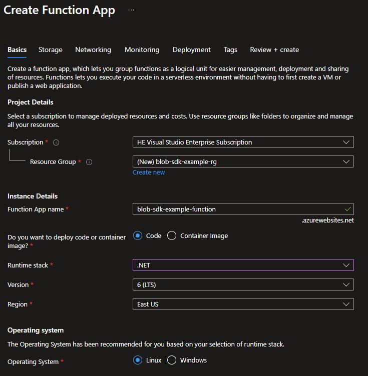 Options to create a Function App