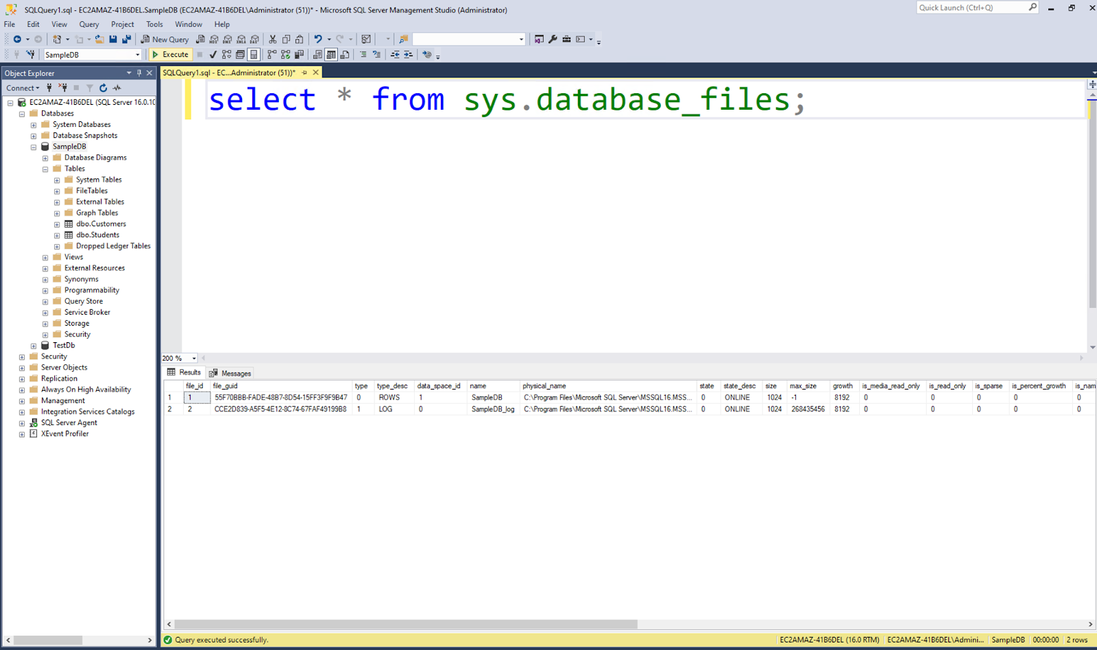 Query to retrieve all columns from database_files to view the physical_name column storing the log file location