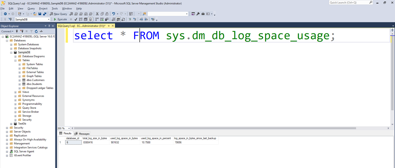 Query retrieving all rows from the dm_db_log_space_usage view