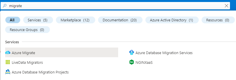 Searching for the Azure Migrate service
