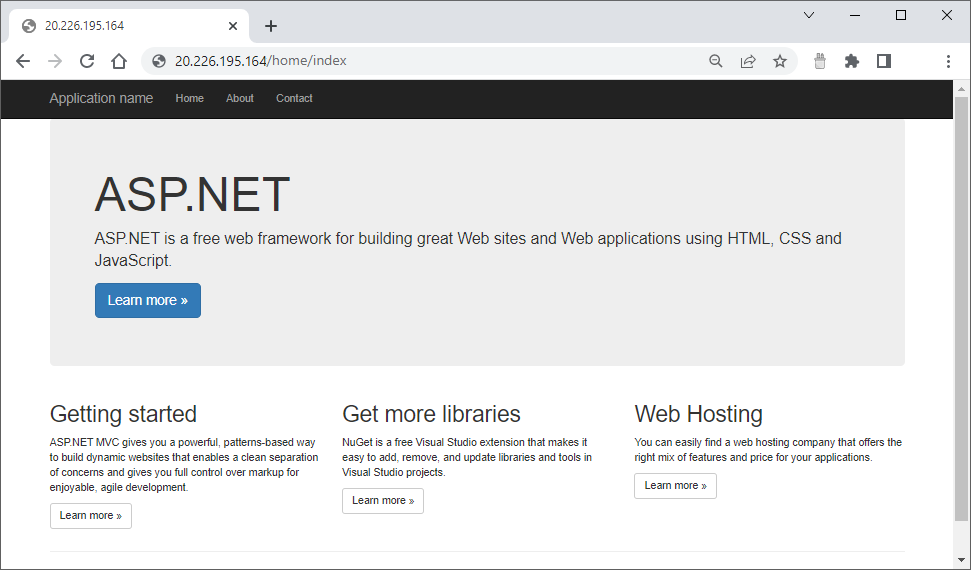 The migrated ASP.NET MVC 4 app running on AKS