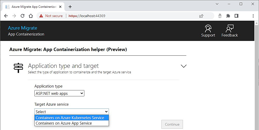 Opening the Azure Migrate App Containerization tool
