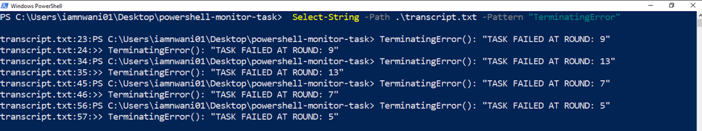 Using the select-string cmdlet to search the transcript.txt file