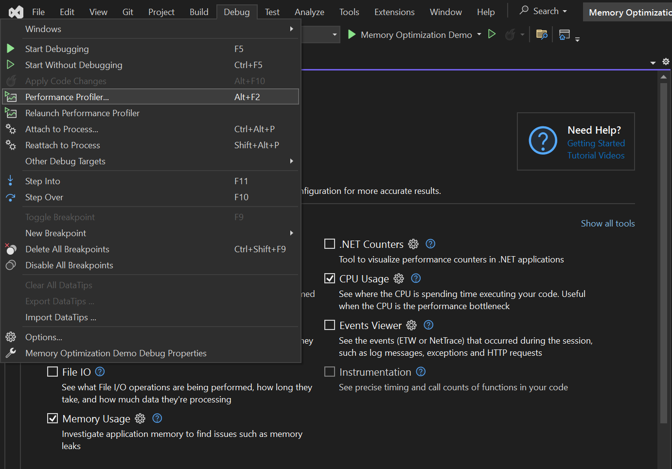Visual Studio Debug menu showing Performance Profiler