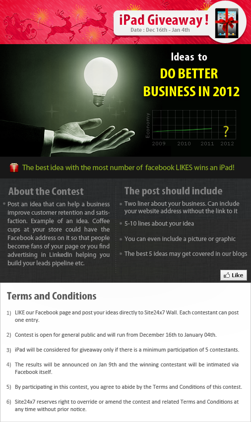 Share a business idea and win an iPad! Go to our Facebook page, like our Facebook page and share your business idea for 2012 and gather the most number of likes to stand a chance to win an iPad. For more information, visit our Facebook page at www.facebook.com/Site24x7