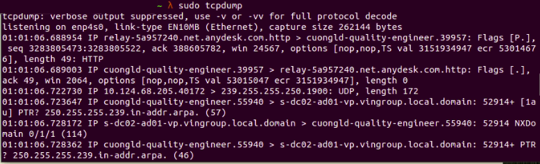 Fig. 4: tcpdump showing transmitted and received packets