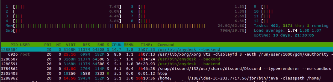Fig. 4: htop showing real-time information about current running processes