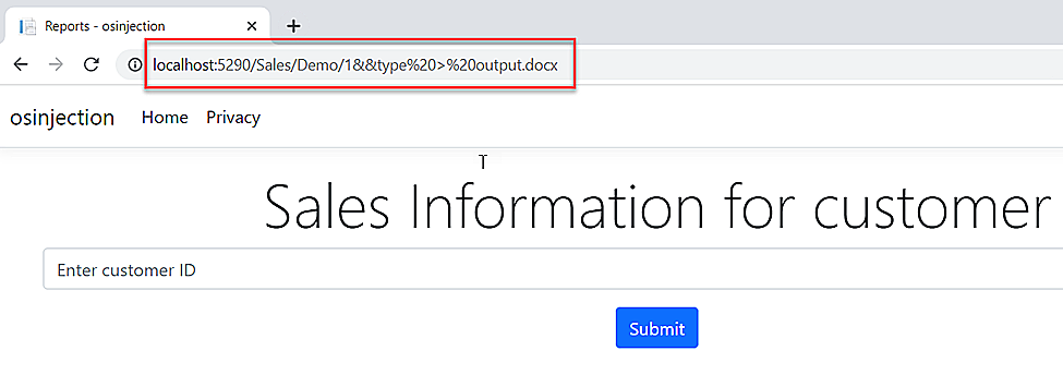Using the text input box’s URL to inject a command