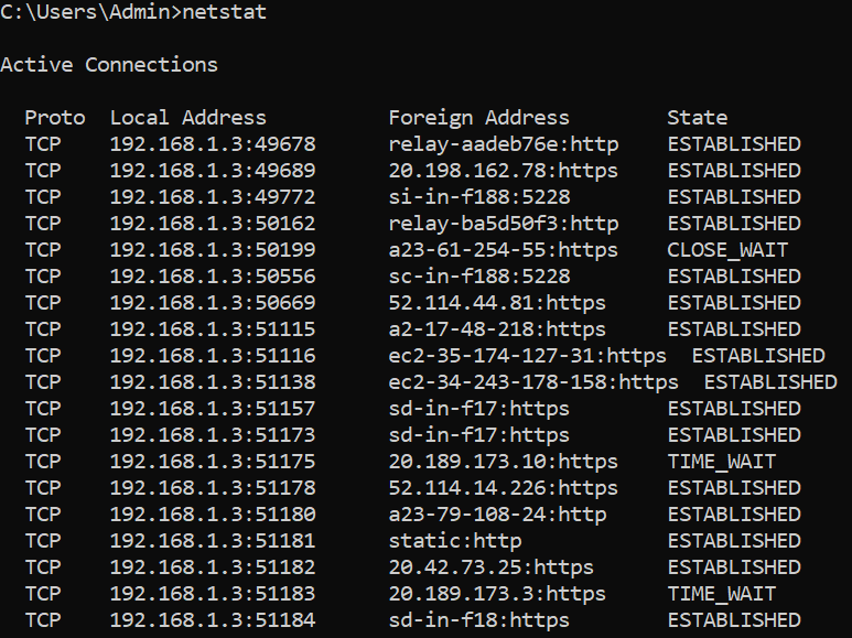 netstat showing a list of connections