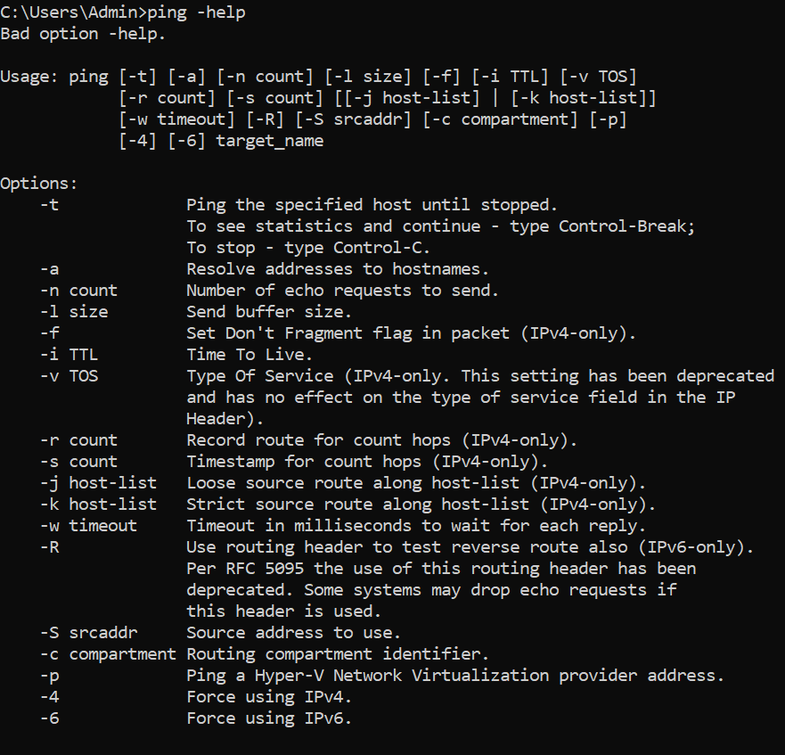 ping options displayed in a command line interface