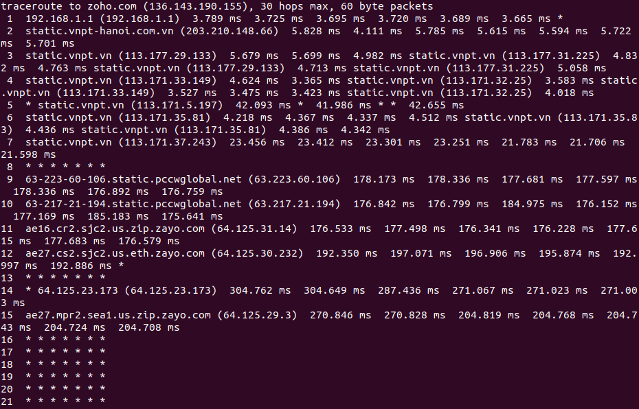 traceroute run with options for sending seven packets