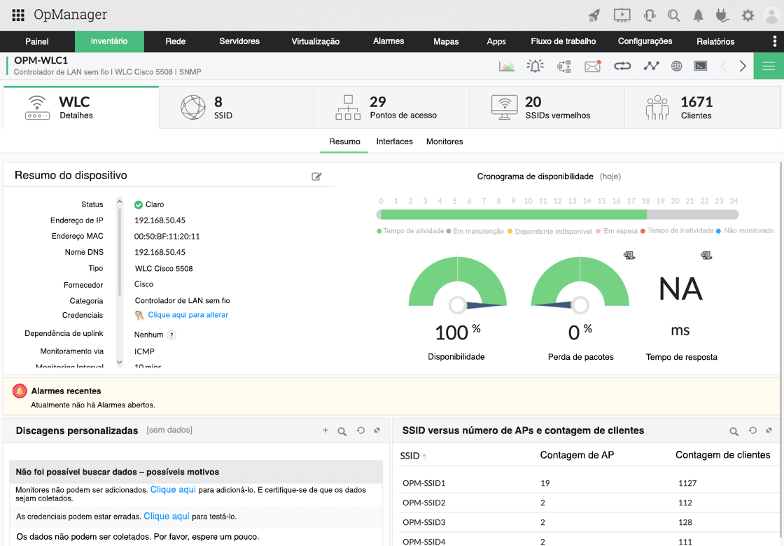OpManager product screen displaying network device statistics