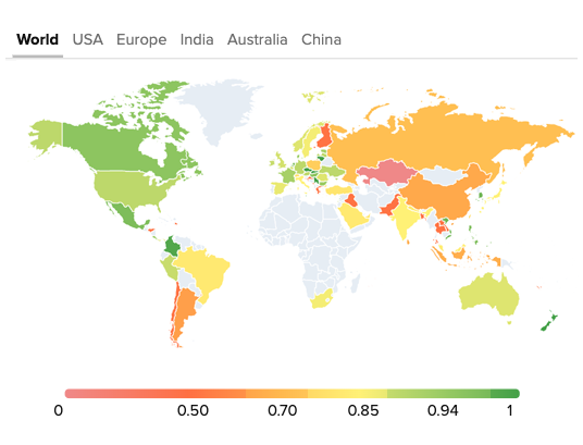 Color-coded world map depicting page load time and user satisfaction