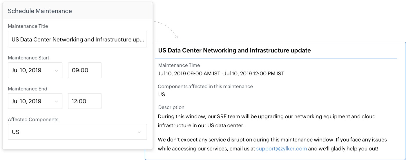 Planned maintenance event published on a status page.