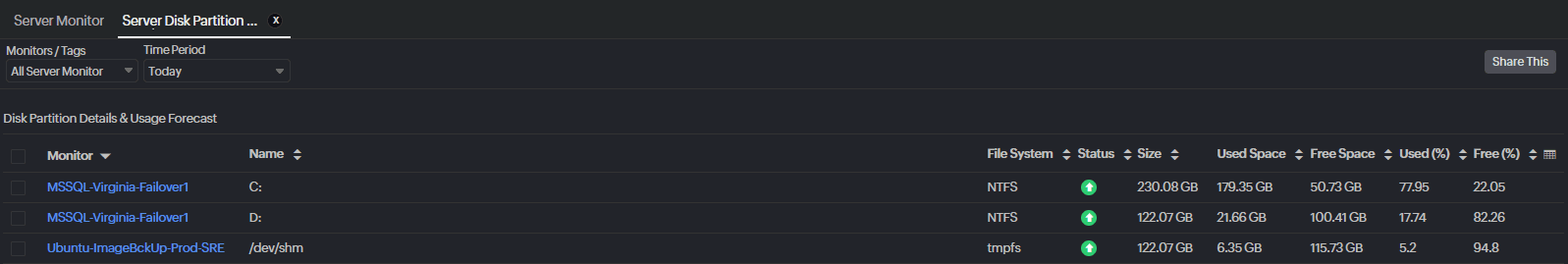 Server disk partition report